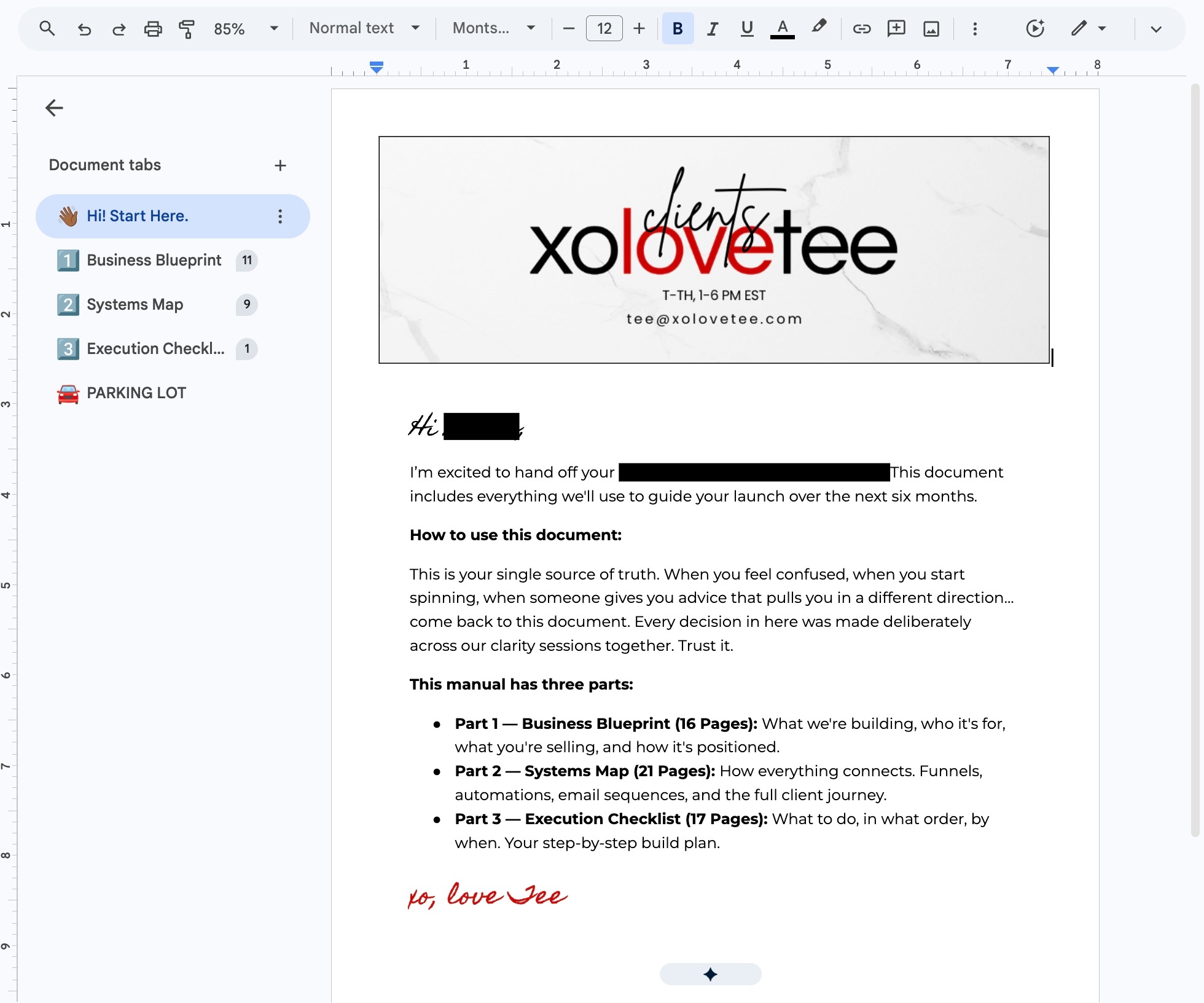 Screenshot of a real marketing consultant strategy document with business blueprint, systems map, and execution checklist for a small business client.