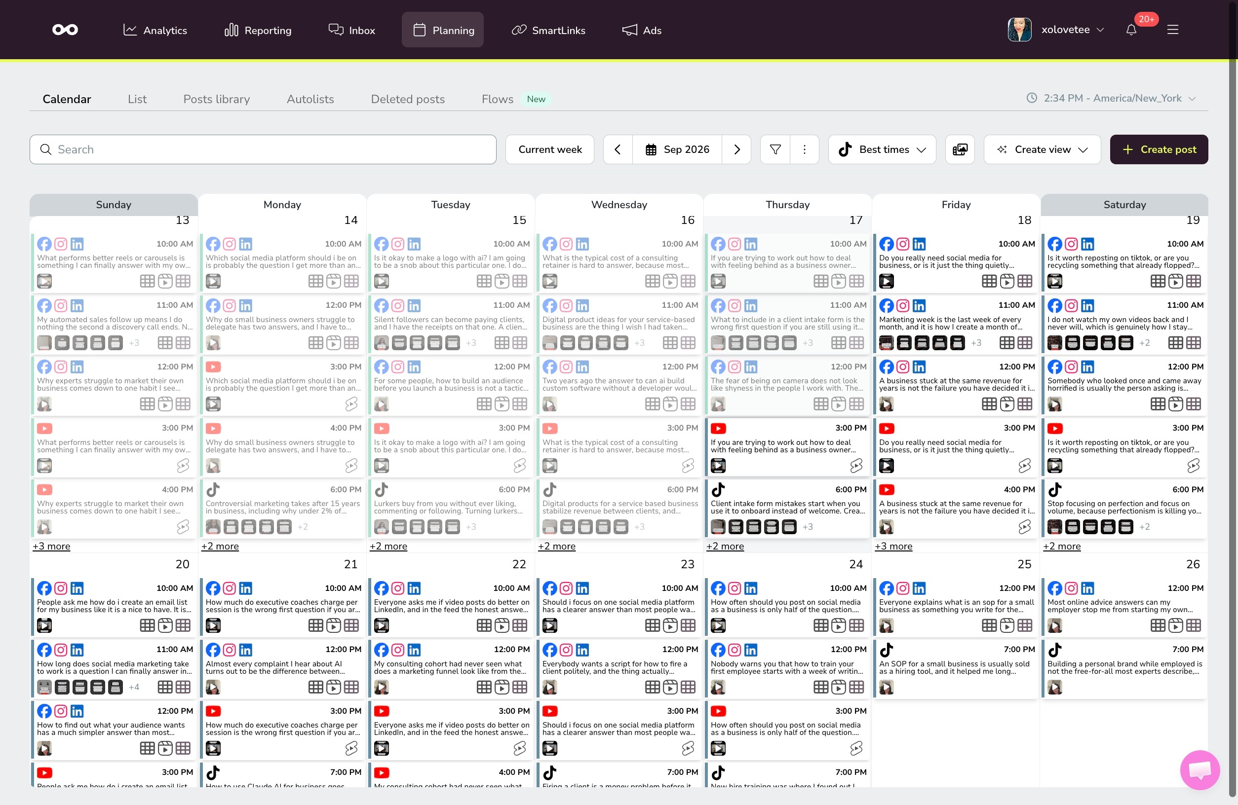 Scheduling social media for consultants — batch your content once, queue it up with a scheduling tool, and your posts go out on autopilot while you're on client calls or living your life.